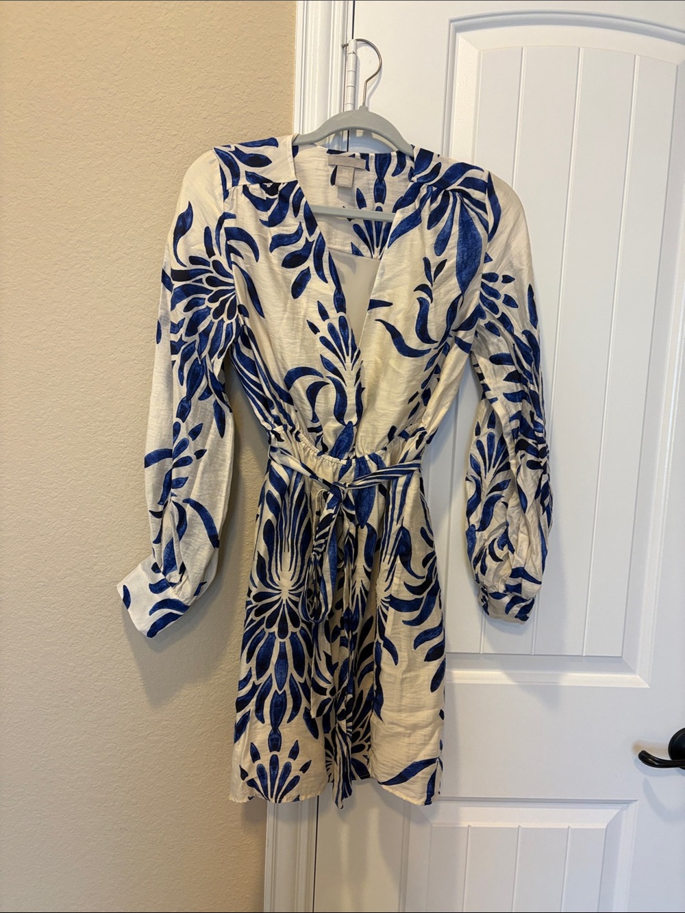 H&M Cream Dress with Bold Blue Floral Print and Tie Waist
